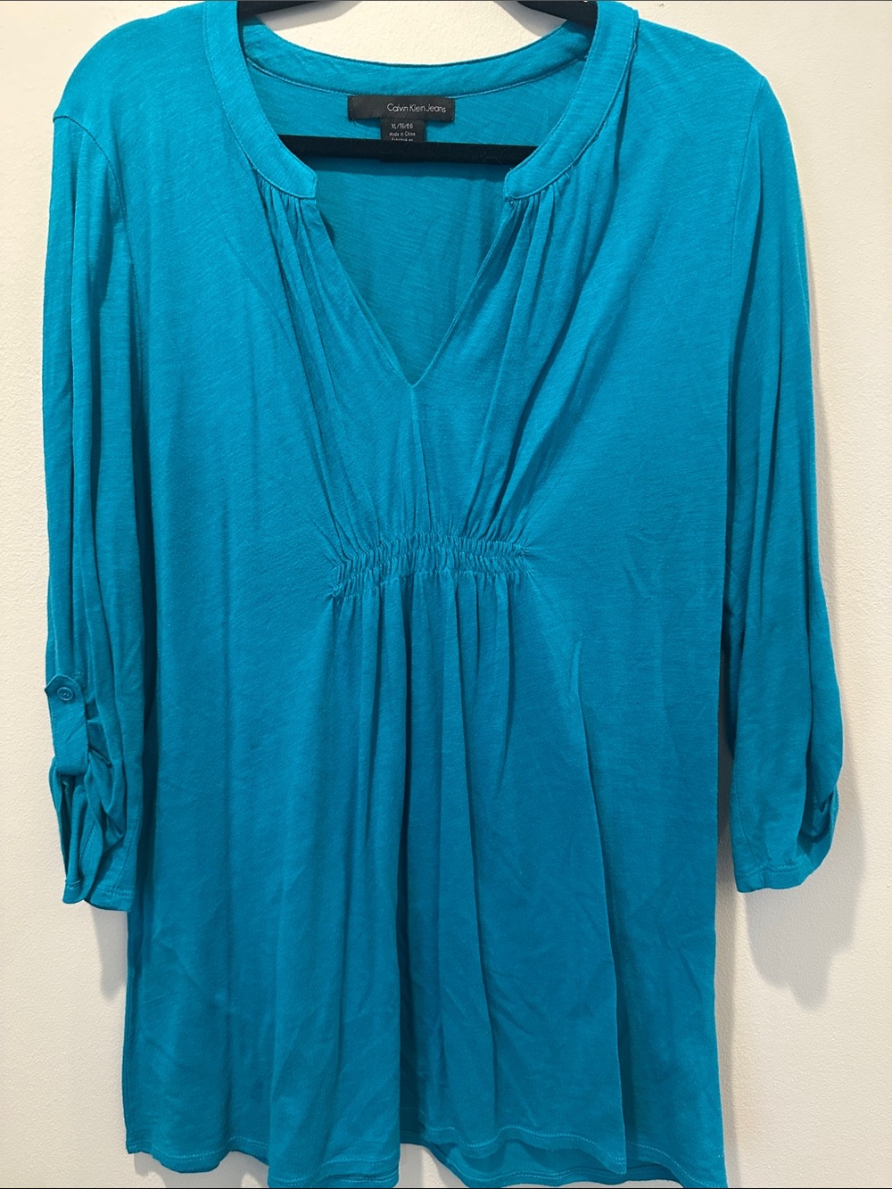 Calvin Klein Jeans Teal V-Neck Gathered Tunic